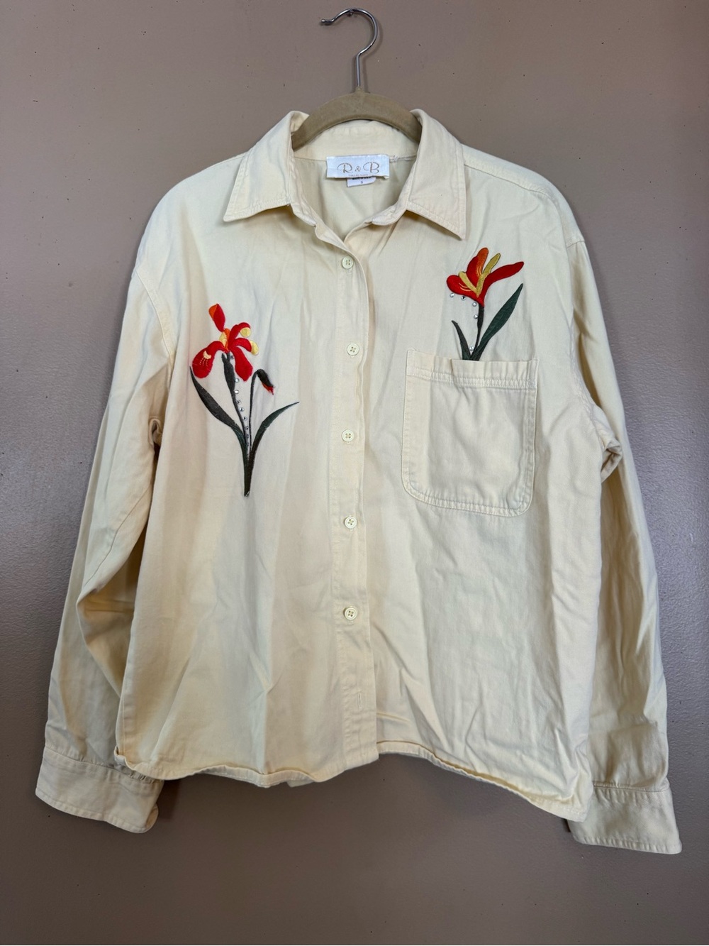 Vintage yellow Button-Up Shirt with Red Floral Embroidery